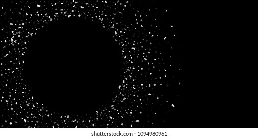 A glitter of silver particles of confetti on a black background. Illustration of randomly falling shiny particles. Decorative element. Luxury background for your design, cards, invitations, gift, vip.
