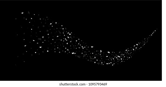 A glitter of silver particles of confetti on a black background. Illustration of randomly falling shiny particles. Decorative element. Luxury background for your design, cards, invitations, gift, vip.