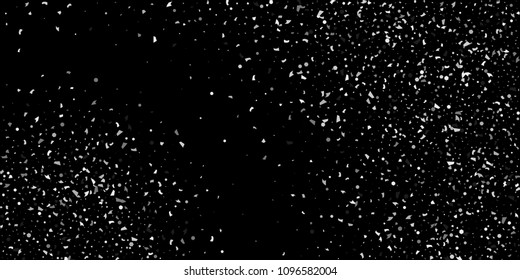 A glitter of silver particles of confetti on a black background. Illustration of randomly falling shiny particles. Decorative element. Luxury background for your design, cards, invitations, gift, vip.