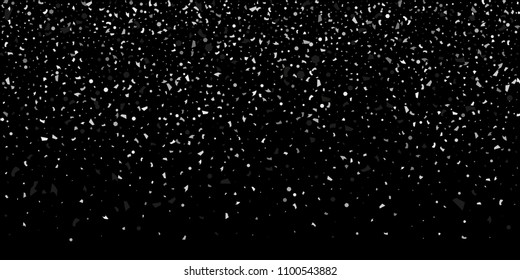 A glitter of silver particles of confetti on a black background. Illustration of randomly falling shiny particles. Decorative element. Luxury background for your design, cards, invitations, gift, vip.
