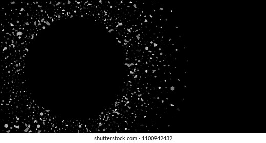 A glitter of silver particles of confetti on a black background. Illustration of randomly falling shiny particles. Decorative element. Luxury background for your design, cards, invitations, gift, vip.