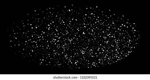 A glitter of silver particles of confetti on a black background. Illustration of randomly falling shiny particles. Decorative element. Luxury background for your design, cards, invitations, gift, vip.