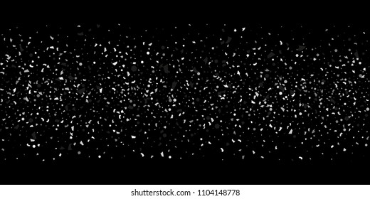 A glitter of silver particles of confetti on a black background. Illustration of randomly falling shiny particles. Decorative element. Luxury background for your design, cards, invitations, gift, vip.