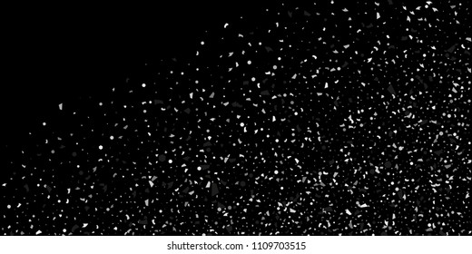 A glitter of silver particles of confetti on a black background. Illustration of randomly falling shiny particles. Decorative element. Luxury background for your design, cards, invitations, gift, vip.