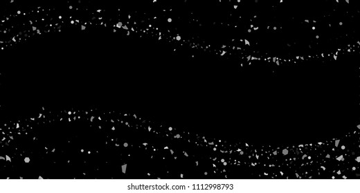A glitter of silver particles of confetti on a black background. Illustration of randomly falling shiny particles. Decorative element. Luxury background for your design, cards, invitations, gift, vip.