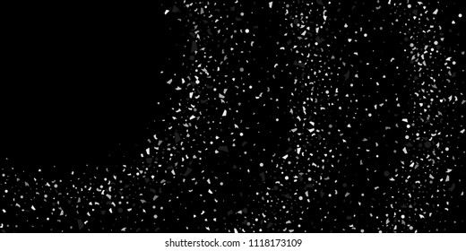 A glitter of silver particles of confetti on a black background. Illustration of randomly falling shiny particles. Decorative element. Luxury background for your design, cards, invitations, gift, vip.