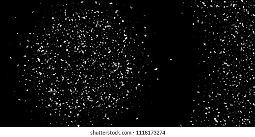 A glitter of silver particles of confetti on a black background. Illustration of randomly falling shiny particles. Decorative element. Luxury background for your design, cards, invitations, gift, vip.