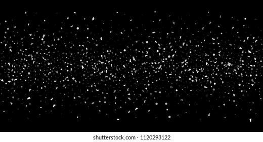 A glitter of silver particles of confetti on a black background. Illustration of randomly falling shiny particles. Decorative element. Luxury background for your design, cards, invitations, gift, vip.
