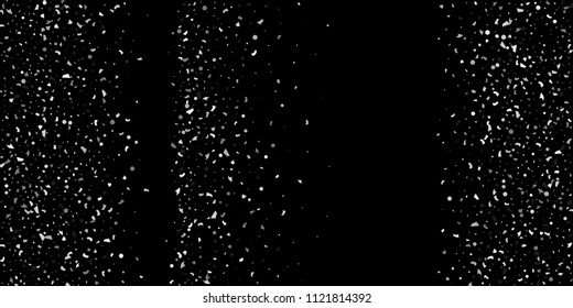 A glitter of silver particles of confetti on a black background. Illustration of randomly falling shiny particles. Decorative element. Luxury background for your design, cards, invitations, gift, vip.