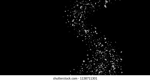 A glitter of silver particles of confetti on a black background. Illustration of randomly falling shiny particles. Decorative element. Luxury background for your design, cards, invitations, gift, vip.