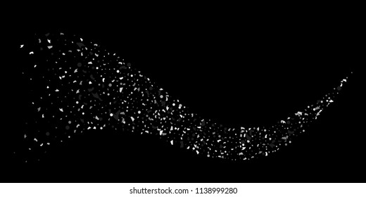 A glitter of silver particles of confetti on a black background. Illustration of randomly falling shiny particles. Decorative element. Luxury background for your design, cards, invitations, gift, vip.