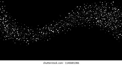 A glitter of silver particles of confetti on a black background. Illustration of randomly falling shiny particles. Decorative element. Luxury background for your design, cards, invitations, gift, vip.