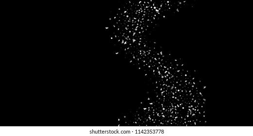 A glitter of silver particles of confetti on a black background. Illustration of randomly falling shiny particles. Decorative element. Luxury background for your design, cards, invitations, gift, vip.