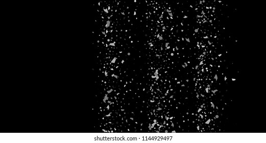 A glitter of silver particles of confetti on a black background. Illustration of randomly falling shiny particles. Decorative element. Luxury background for your design, cards, invitations, gift, vip.