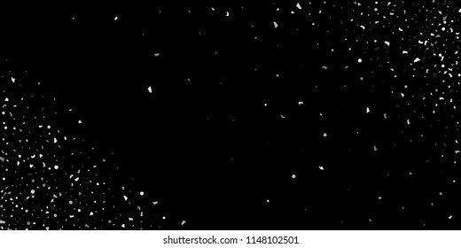 A glitter of silver particles of confetti on a black background. Illustration of randomly falling shiny particles. Decorative element. Luxury background for your design, cards, invitations, gift, vip.