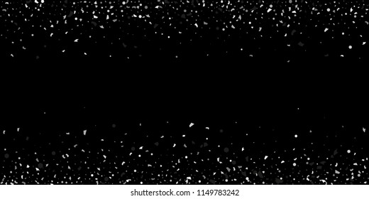 A glitter of silver particles of confetti on a black background. Illustration of randomly falling shiny particles. Decorative element. Luxury background for your design, cards, invitations, gift, vip.