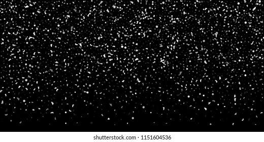 A glitter of silver particles of confetti on a black background. Illustration of randomly falling shiny particles. Decorative element. Luxury background for your design, cards, invitations, gift, vip.