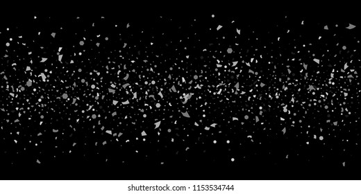 A glitter of silver particles of confetti on a black background. Illustration of randomly falling shiny particles. Decorative element. Luxury background for your design, cards, invitations, gift, vip.