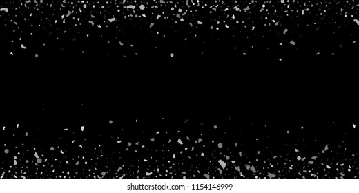 A glitter of silver particles of confetti on a black background. Illustration of randomly falling shiny particles. Decorative element. Luxury background for your design, cards, invitations, gift, vip.