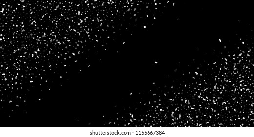A glitter of silver particles of confetti on a black background. Illustration of randomly falling shiny particles. Decorative element. Luxury background for your design, cards, invitations, gift, vip.
