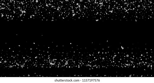 A glitter of silver particles of confetti on a black background. Illustration of randomly falling shiny particles. Decorative element. Luxury background for your design, cards, invitations, gift, vip.
