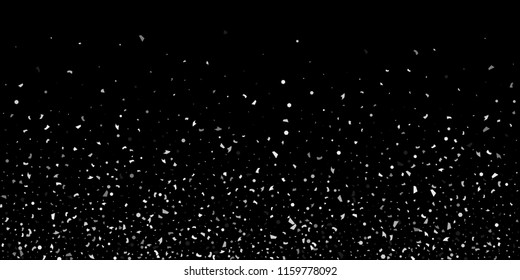 A glitter of silver particles of confetti on a black background. Illustration of randomly falling shiny particles. Decorative element. Luxury background for your design, cards, invitations, gift, vip.