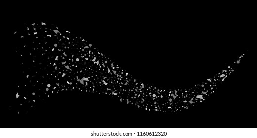A glitter of silver particles of confetti on a black background. Illustration of randomly falling shiny particles. Decorative element. Luxury background for your design, cards, invitations, gift, vip.
