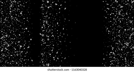 A glitter of silver particles of confetti on a black background. Illustration of randomly falling shiny particles. Decorative element. Luxury background for your design, cards, invitations, gift, vip.