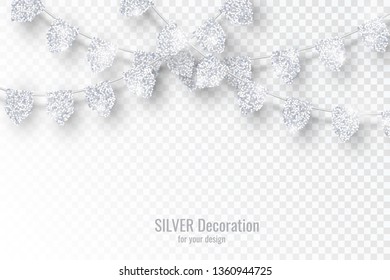Decoración de las banderas de la fiesta brillante de plata aislada en fondo transparente. Elemento de diseño de vectores para carteles de cumpleaños, festividades y celebraciones