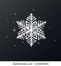 Glitter silver snowflake on dark transparent background. Shining Christmas design with sparkles and stars. Winter holiday luxury decoration Vector illustration.