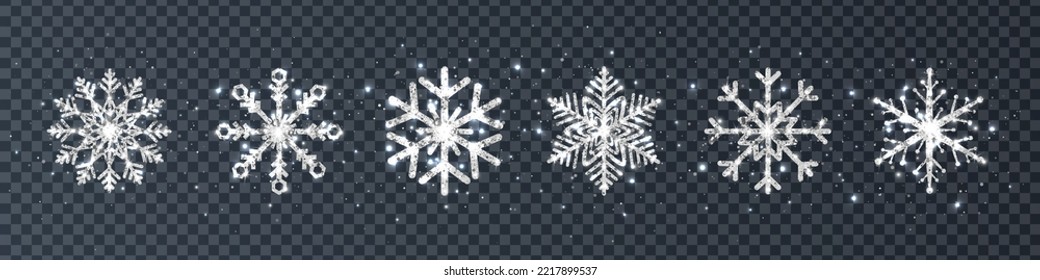 Glitter silver snowflakes set. Luxury Christmas garland border. Snowflake with different ornament. Happy New Year banner. Winter design card. Frozen ice silhouette. Vector illustration.