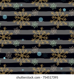 Glitter silver striped Christmas New Year seamless pattern with snowflakes. Paint brush strokes background. golden snowflakes. Stripes lines. Vector illustration. Hipster trendy wrapping gift paper