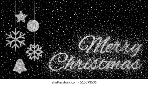 Glitter silver textured calligraphic inscription Merry Christmas of sprinkled confetti with Christmas decorations. Design element for banner, greeting card, invitation, postcard. Vector illustration