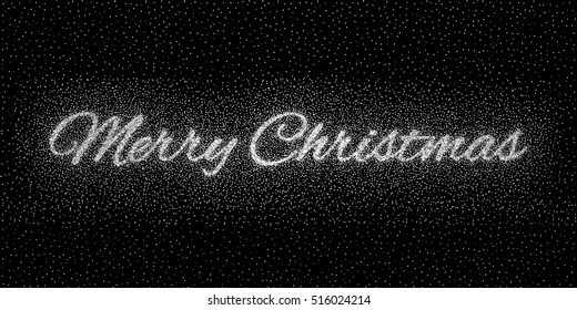 Glitter silver textured calligraphic inscription Merry Christmas of sprinkled confetti. Lettering design element for banner, greeting card, invitation, postcard, flyers. Vector illustration.