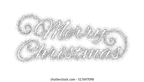 Glitter silver textured calligraphic inscription Merry Christmas of sprinkled confetti. Lettering design element for banner, greeting card, invitation, postcard, flyers. Vector illustration