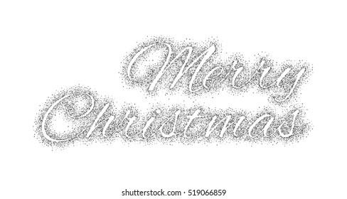 Glitter silver textured calligraphic inscription Merry Christmas of sprinkled confetti. Lettering design element for banner, greeting card, invitation, postcard, flyers. Vector illustration