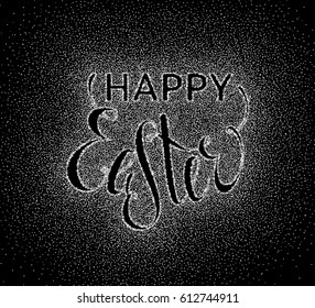 Glitter silver textured calligraphic outline inscription Happy Easter of sprinkled confetti. Lettering design element for banner, greeting card, invitation, postcard, flyers. Vector illustration.