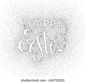 Glitter silver textured calligraphic outline inscription Happy Easter of sprinkled confetti. Lettering design element for banner, greeting card, invitation, postcard, flyers. Vector illustration.