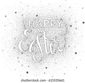 Glitter silver textured calligraphic outline inscription Happy Easter of sprinkled confetti. Lettering design element for banner, greeting card, invitation, postcard, flyers. Vector illustration.