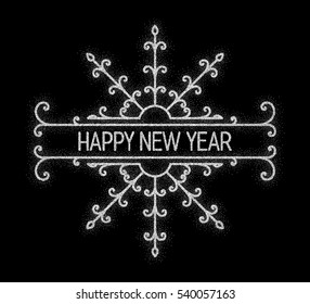 Glitter silver textured inscription Happy New Year of platinum sprinkled confetti in retro border. Vintage design element for banner, greeting card, invitation, postcard, flyers. Vector illustration.