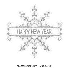 Glitter silver textured inscription Happy New Year of platinum sprinkled confetti in retro border. Vintage design element for banner, greeting card, invitation, postcard, flyers. Vector illustration.