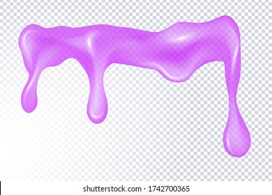 Glitter slime dripping isolated on transparent background. Glossy goo purple slime blots. Realistic radioactive slime  drips and flowing.  Popular kids sensory toy vector illustration