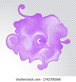 Glitter slime dripping isolated on transparent background. Glossy goo purple slime blots. Realistic radioactive slime  drips and flowing.  Popular kids sensory toy vector illustration