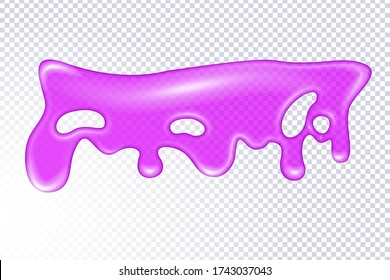 Glitter slime dripping isolated on transparent background. Glossy goo purple slime blots. Realistic radioactive slime drips and flowing. Popular kids sensory toy vector illustration