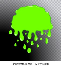 Glitter slime dripping isolated on transparent background. Glossy goo green slime blots. Realistic radioactive slime drips and flowing. Popular kids sensory toy vector illustration