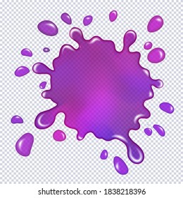 Escurrimiento de brillo aislado en un fondo transparente. Flor de lija morada brillante. El deslizamiento radiactivo realista gotea y fluye. Dibujo vectorial de juguete sensorial de niños populares
