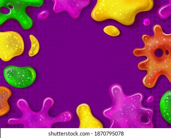 Glitter slime. Glossy goo splashes and sticky slimes blotches. Dripping border with gooey toy. Shiny kids color. Realistic vector background. Girly stains and splatters in different shapes