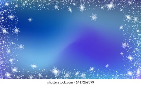 Glitter snowflakes background. Holiday frame for New Year greetings. Bbright, White, Shimmer, Glowing, Scatter, Falling on a Blue background.