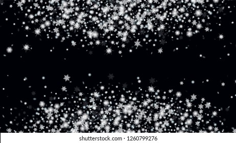 Glitter snowflakes background. Macro snowflakes flying border illustration. Fantasy Snowstorm Illustration Design. Black base.