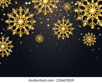 Glitter snowflakes with falling particles on dark background. Shining gold snowflakes with star dust. Sparkling snowflake. Luxury festive greeting card. Elegant Christmas design. Vector illustration.